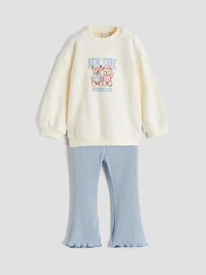 LC Waikiki Ekru Baskılı Kız Bebek Sweatshirt ve Tayt Pantolon  (S6)