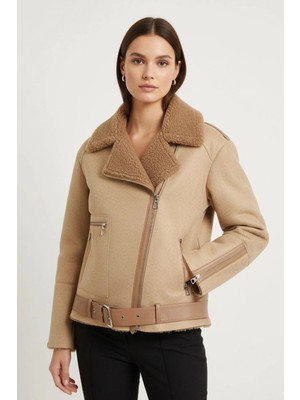 Deriderim Oslo Bej Hakiki Kuzu Kürkü Fermuarlı Biker Kadın Kaban