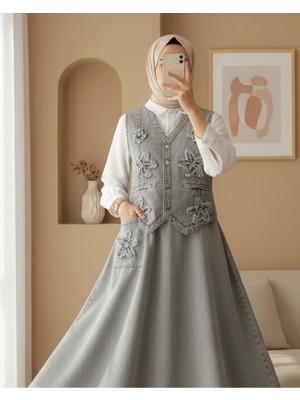 Modamorfo Desenli Etek Beli Lastikli Yelek Etek Kot Takım   -Gri