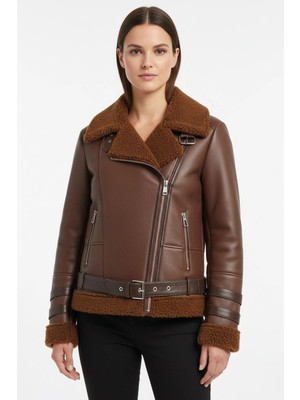 Deriderim Oslo Taba Hakiki Kuzu Kürkü Fermuarlı Biker Kadın Kaban