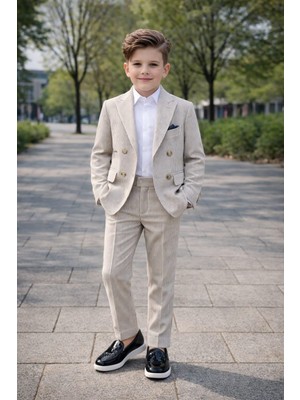 Tarz Çocuk Bej Çizgili Erkek Çocuk Blazer Ceket Pantolon Gömlek 3'lü Takım Elbise
