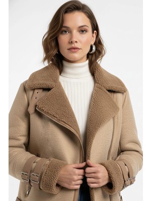 Deriderim Kopen Hakiki Kuzu Kürkü Fermuarlı Biker Kadın Kaban