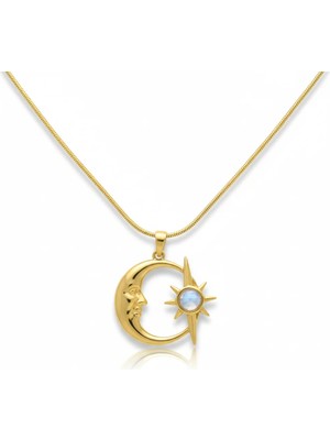Turuncu House Gold Renk Ay Yıldız Kolye - Taşlı Mitolojik Yüz Detaylı Tasarım