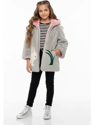 Deriderim Pembe Gri Tavşan Masal Kapüşonlu Kız Çocuk Kabanı