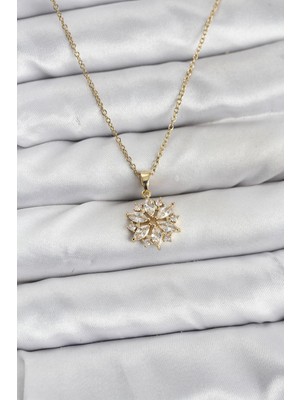 Ett 316L Çelik Zincir Gold Renk Lotus Model Zirkon Taşlı Kadın Kolye
