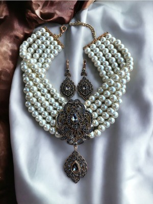 Fayra Accessories Black Diamond Zirkon Taşlı Inci Kolye ve Küpe Seti