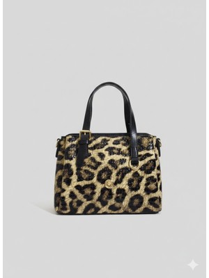 Januga Kadın Leopar Desenli Kaliteli Astarlı Şık Fermuar Kapama Ayarlanabilir Askılı El ve Omuz Çantası
