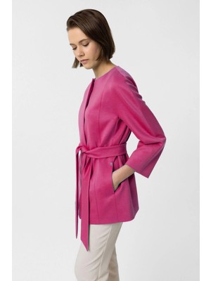 Deriderim Pembe Jadira Çıt Çıt Kapamalı Kemerli Truvakar Kol Kumaş Kaban