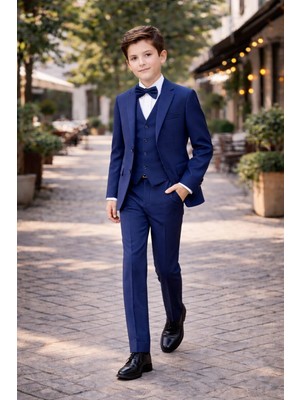 Tarz Çocuk Lacivert Erkek Çocuk 5’li Takım Elbise Seti Ceket Yelek Pantolon Gömlek Papyon Düğün Mezuniyet Takımı