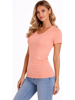 Alfanora Kadın T-Shirt V Yaka Slim Fit Likralı Tişört Günlük Basic Body - Toz Pembe