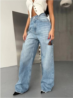 DENİKK Trend Özel Tasarım Düğme Detay Wide Leg Rahat Kalip Palazzo Pantolon