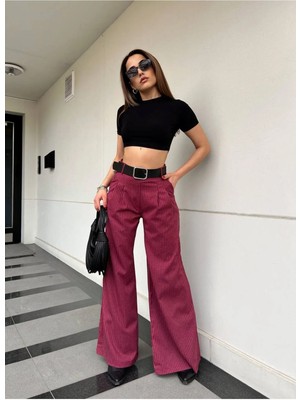 DENİKK Trend Çizgili Poliviskon Kumaş Kemerli Salaş Palazzo Pantolon- Strıpe Polyvıscose Palazzo Pantalonı