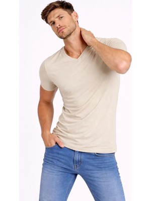 Alfanora Erkek T-Shirt V Yaka Slim Fit Dar Kesim Likralı Tişört Günlük Basic Body - Taş