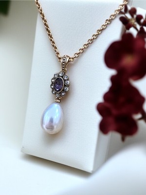 Fayra Accessories Oval Kristal Taşlı Mayorka Inci Kolye