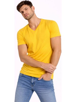 Alfanora Erkek T-Shirt V Yaka Slim Fit Dar Kesim Likralı Tişört Günlük Basic Body - Limon