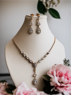 Fayra Accessories Kristal Taşlı Su Yolu Zincirli Kolye ve Küpe Seti