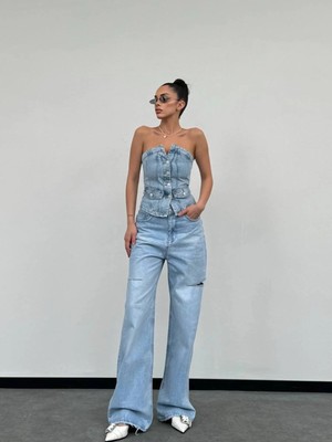 DENİKK Trend Özel Tasarım Düğme Detay Wide Leg Rahat Kalip Palazzo Pantolon