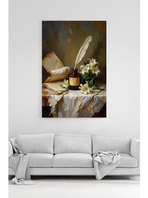 HonataDizayn Klasik Hokka Tüy Kalem ve Beyaz Lilyum Çiçekleri Temalı Dekoratif Kanvas Tablo