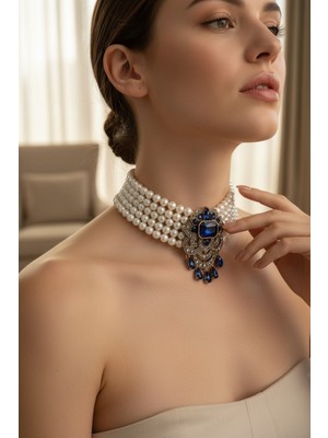 Fayra Accessories Kristal Taşlı Su Damlası Sallantılı Inci Chooker Kolye