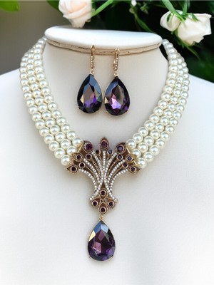 Fayra Accessories Ametist Mor Hayat Ağacı Figür Inci Kolye ve Küpe Seti