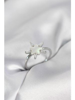 Ett Gümüş Renk Yıldız Model Sedefli Zirkon Taşlı Kadın Yüzük