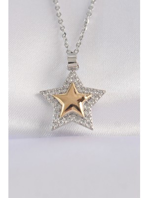 Ett 316L Çelik Zincir Gümüş Renk Zirkon Taşlı Tasarım Altın Renk Yıldız Kolye