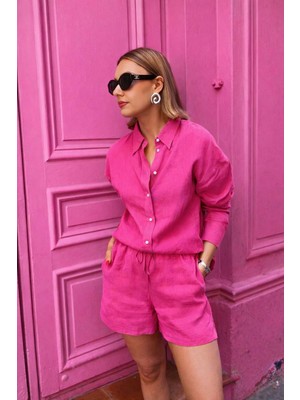 Aksesuarista Kadın Pembe Keten Gömlek ve Şort Ikili Takım