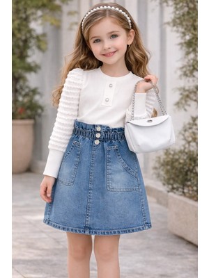 Bebeksy Kız Çocuk Beyaz Bluzlu Kot Etekli Takım & Gri Zincir Askılı Beyaz Çanta Kombini