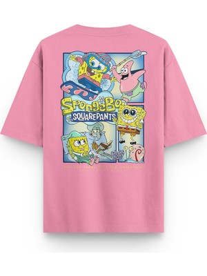 Overoz Sponge Bob Sünger Bob Sırt Baskılı Yarı Oversize Unisex Pembe Tshirt 1232