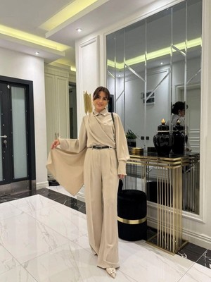 Kadın Uzun Kollu Şal Detaylı Bluz ve Pantolon Ikili Takım