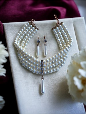 Fayra Accessories Zirkon Taşlı Su Damlası Inci Sallantılı Chooker Tasma Kolye ve Inci Küpe Seti