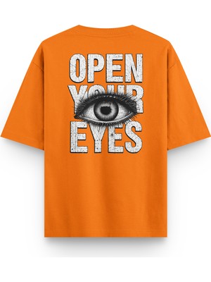 Overoz Open Your Eyes Göz Sırt Baskılı Yarı Oversize Unisex Turuncu Tshirt 1394