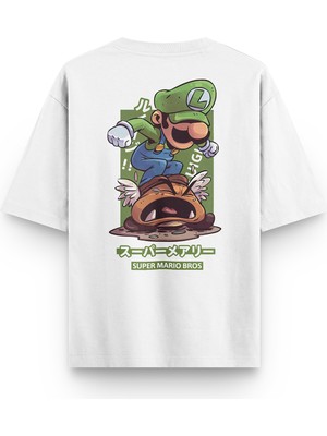 Overoz Super Mario Sırt Baskılı Yarı Oversize Unisex Beyaz Tshirt 1390