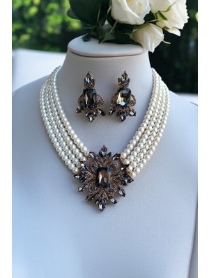 Fayra Accessories Kristal Taşlı Diana Inci Kolye ve Küpe Seti