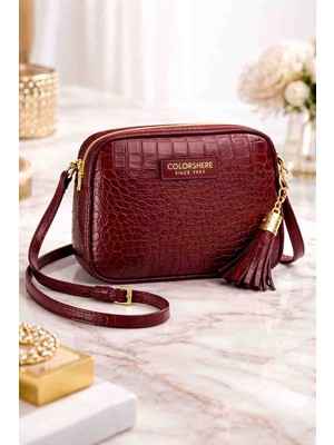Colorshere Kroko Desenli Çapraz Askılı Kadın Çanta Bordo