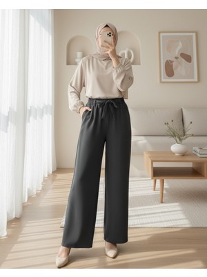 Modamorfo Duble Kumaş Beli Kuşaklı Bol Paça Pantolon    -Füme