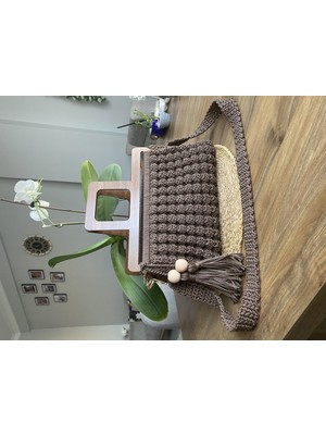 Nexa Doğaltaş Polyester Makrome Ip El Örgüsü Kadın Omuz ve El Çantası Ahşap Saplı