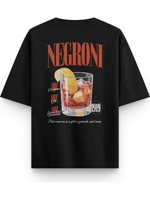 Overoz Barmen Negroni Sırt Baskılı Yarı Oversize Siyah Unisex Tshirt 1389