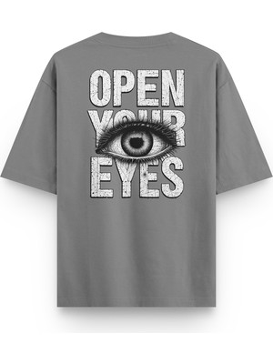 Overoz Open Your Eyes Göz Sırt Baskılı Yarı Oversize Unisex Gri Tshirt 1394