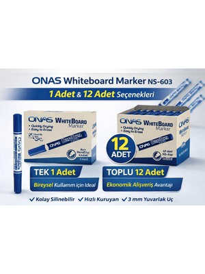 Esranın Dünyası Onas Whiteboard Marker NS-603 Mavi Tahta Kalemi 3 mm Yuvarlak Uç