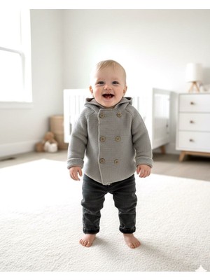 Beren Erkek Bebek %100 Pamuk Bayramlık 3'lü Takım-Kapüşonlu Triko Hırka Tişört ve Esnek Denim Pantolon