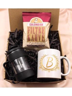 Kişiye Özel Harf Kupa & French Press & Colombian Taze Filtre Kahve Hediye Seti