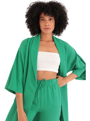 Rahat Kesim Kimono Üst-Yeşil