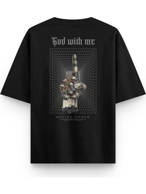 Overoz God With Me Sırt Baskılı Yarı Oversize Unisex Siyah Tshirt 1395