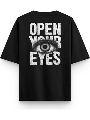 Overoz Open Your Eyes Göz Sırt Baskılı Yarı Oversize Unisex Siyah Tshirt 1394