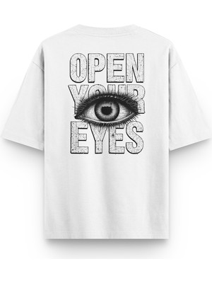 Overoz Open Your Eyes Göz Sırt Baskılı Yarı Oversize Unisex Beyaz Tshirt 1394