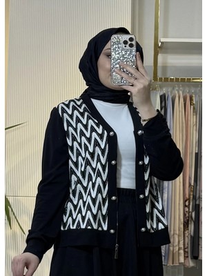 Fuat Gürsen Dantel Işlemeli Inci Düğme Detaylı Önden Fermuarlı Hırka Siyah 5614