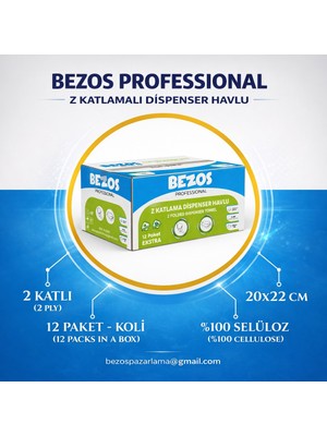 Esranın Dünyası Bezos Professional Z Katlamalı Dispenser Havlu 2 Katlı %100 Selüloz 20X22 cm 12’li Koli