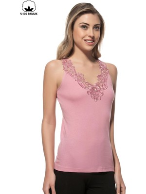 Özkan Underwear Özkan 2001 Kadın %100 Pamuklu Ribana Dantelli Güpürlü Manolya Atlet
