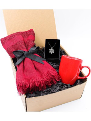 Simli Kırmızı Şal & Kırmızı Mat Kupa & Kar Tanesi Kolye Hediye Seti